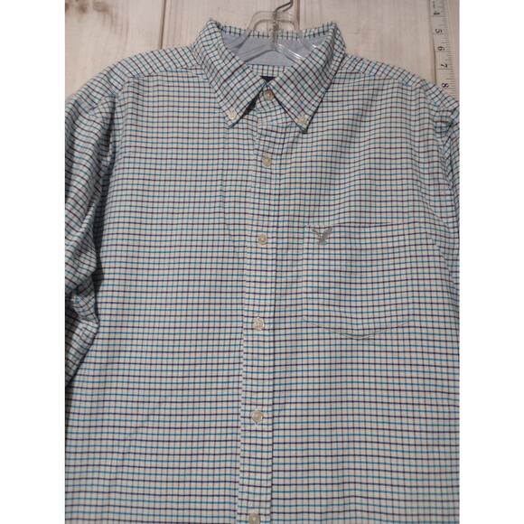 American Eagle Shirt Mens Large Blue‎ White Plaid Button Down Classic Fit Cotton - Picture 2 of 8